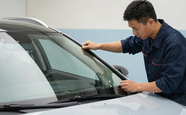 A professional auto glass technician in a North American / US garage, wearing a dark blue uniform, carefully lowering a new, clear windshield onto a modern SUV. The lighting is bright and clean, emphasizing a sterile and expert service environment with soft off-white and light blue tones in the background.