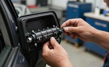 A detailed photograph of a North American / US technician's hands repairing a car's power window regulator inside the door panel. The setting is a professional, brightly lit shop with dark blue and white equipment visible in the background.