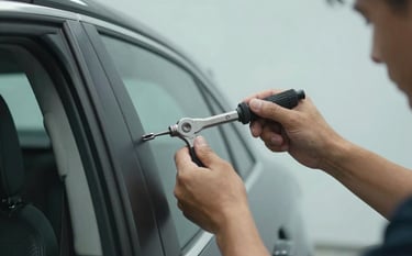 Close-up of a side window replacement on a passenger car in a North American / US setting. The technician's hands are visible using professional tools for a precision fit, with a clean and focused composition against a soft light blue background.