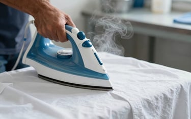 Close-up photography of a professional iron gliding over a crisp white cotton shirt. Steam is visible, conveying efficiency and precision. The background is a tidy South American / Brazilian laundry workspace with soft steel blue and light gray accents.