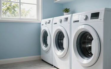 A high-quality, professional photography shot of a modern laundry room in a South American / Brazilian home. Bright natural light filters through a window, illuminating a set of clean, white front-load washing machines. The atmosphere is fresh and efficient, with a palette of light blue and white tones.