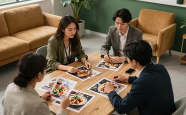 A high-angle shot of a content planning meeting in a North American agency studio. Three specialists look over high-quality printed food photos. The room is decorated with matte forest green accents and cozy parchment-colored furniture.