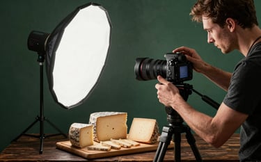Behind-the-scenes photography of a food photoshoot for a local market. A professional camera on a tripod focuses on an artisanal cheese board. The photographer, a Western European professional, adjusts a reflector. Matte forest green and dark wood background.