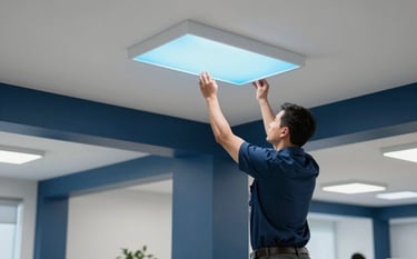 A clean, modern North American / US commercial office space with high ceilings and navy blue accent walls. A technician is maintaining the light blue LED ceiling fixtures. The composition is professional and conveys efficiency. Clear, bright indoor lighting.