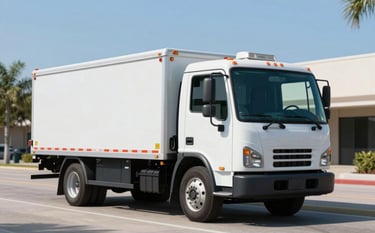 A clean, modern flatbed tow truck parked on a sunny Orlando street. The composition is professional and tidy, featuring a clear blue sky and soft reflections. The scene conveys reliability and efficiency with a color palette reflecting #375A77 and #8BB0C9.