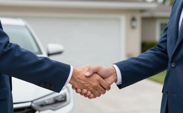 A close-up of a professional handshake between a car owner and a buyer in a clean Orlando driveway. The buyer is handing over a secure payment. The atmosphere is trustworthy and professional, utilizing #375A77 tones in the clothing and surroundings.