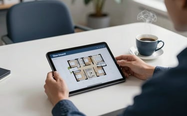 A professional real estate agent's desk in a bright, modern Northern European office. On the table is a tablet showing a house floor plan and a steaming cup of coffee. The lighting is natural and airy, with soft shadows. Colors include deep blue and light grey accents from the brand palette.