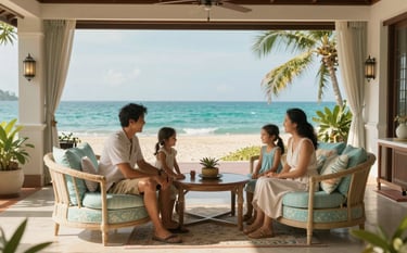 A happy family relaxing in a sunny, elegant Southeast Asian / Thai home interior. The shot is wide and warm, incorporating ocean teal and soft pastel blue furniture and decor to evoke a sense of future security.