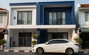 A high-end residential street in a Southeast Asian / Thai city, showcasing a modern house and a clean, safe car. The photography is crisp and professional, using a deep blue and soft pearl white color palette.