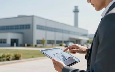 A professional environmental consultant in business attire reviewing architectural plans on a digital tablet outdoors. In the background, a clean and modern industrial facility is visible. The lighting is bright and clear, emphasizing professionalism. Colors like #1A2D2A and #A8C6B1 are reflected in the scene.