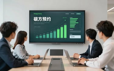 A close-up of professionals in a modern boardroom collaborating over a large screen displaying green energy and carbon footprint statistics. The style is innovative and clean, featuring minimalist furniture and brand-specific colors like #1A2D2A and #F7F9F6.