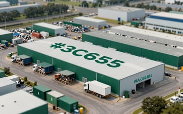 An aerial perspective of an organized industrial recycling center with modern containers. The facility is extremely clean and orderly, signifying professional waste management. Soft daylight highlighting green tones from the brand palette like #3C6B5E and #A8C6B1.