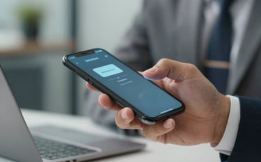A close up of a Hispanic hand using a smartphone to complete a secure online payment, professional attire, modern office background, soft depth of field, focused on the device, blue and grey color palette.