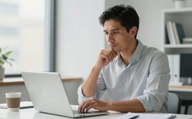A Hispanic professional in a modern, brightly lit office, looking thoughtfully at a laptop screen, clean desk with a coffee mug, professional and trust-instilling atmosphere, soft morning light, palette of white and soft grey.