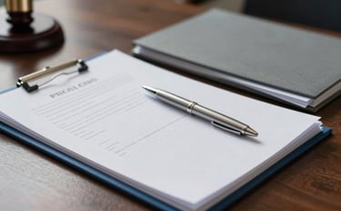 Close up photography of organized legal folders and a silver pen on a dark wood desk, professional Hispanic legal setting, natural side lighting, focused and authoritative composition, blue and grey accents.