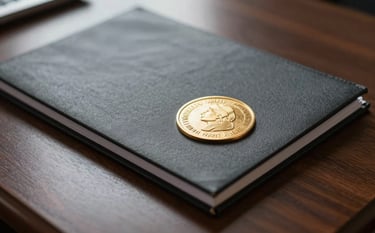 A close-up photograph of a formal legal document with a gold embossed seal resting on a dark charcoal mahogany desk. The setting is a prestigious West African law firm with professional lighting and soft shadows.