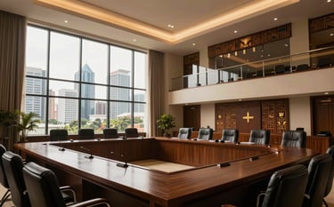 A wide-angle shot of a sophisticated law chamber interior in Lagos. The room features high-end West African design, with large windows overlooking a modern skyline under a stark white afternoon sky.