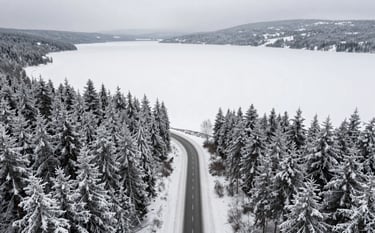 A minimalist aerial view of a winding road through a snow-covered forest, leading toward a frozen lake. The clean, Scandinavian aesthetic is captured through symmetrical composition and a muted palette of #2A362B, #5E4B3E, and #F4F0E4. Professional and calm mood.