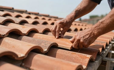 Close-up photography of traditional Italian terracotta roof tiles being expertly laid by a craftsman. The scene is set in Vicenza, Southern Europe, during a bright clear day. The focus is on the precision of the installation and the high-quality materials, conveying durability and technical expertise. Natural, warm lighting.