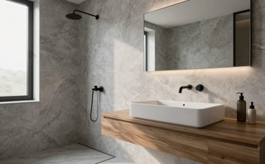Architectural photography of a luxury modern bathroom renovation in an Italian home. Featuring sleek light grey marble walls, a minimalist floating wooden vanity, and elegant matte black fixtures. Soft morning light enters from a side window, highlighting the refined craftsmanship and clean lines. Professional and sophisticated mood.