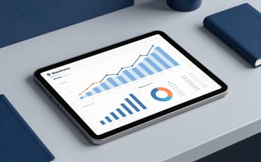 A clean, modern workspace featuring a high-resolution tablet displaying professional marketing growth charts and metrics. The surroundings are light blue-grey with deep navy blue accents.