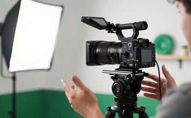 A professional video production setup in a bright studio with soft white lighting. A high-end camera focuses on a person gesturing naturally. Vibrant emerald green accents are visible in the background decor.