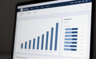 A close-up of a high-tech digital screen displaying professional data analytics graphs in a clean, modern interface. The lighting is crisp and cool, featuring deep #1A202C backgrounds with highlights in #A0AEC0.