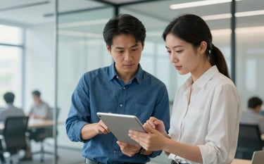 A collaborative scene showing two professionals in a modern glass-walled office discussing a project over a tablet. The image has a clean, airy feel with soft professional lighting, incorporating brand tones of #1A202C and #4A5568.