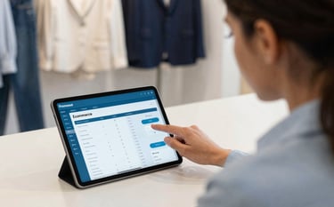 A business owner in a stylish North American / US boutique setting, reviewing an e-commerce dashboard on a tablet. The background is clean and trustworthy, featuring Ocean Blue and Mist White tones.