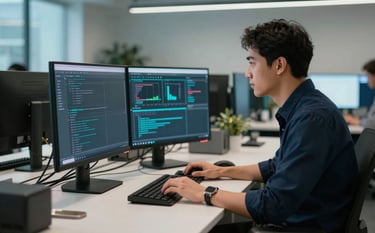 A software engineer working at a clean, high-tech workstation in a sleek North American / US office. The atmosphere is innovative with subtle Deep Navy and Soft Teal ambient lighting. Crisp, professional photography focusing on modern technology.