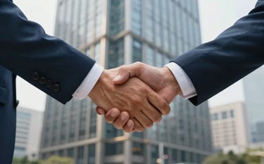 A close-up photograph of a professional handshake between two business executives in tailored suits, set against a blurred background of a modern glass skyscraper in a North American business district. Steel Blue and Gold tones.