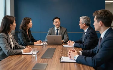 A group of professionals in a high-end North American corporate boardroom during a strategic meeting. The atmosphere is sophisticated and focused, with Deep Blue accents on the walls and soft natural lighting from the side.
