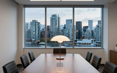 A minimalist, bright North American office interior with a large window overlooking the skyline of Vancouver, Washington. A polished wooden conference table and a sleek designer lamp create a professional atmosphere in Steel Blue and Off-White tones.