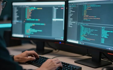 A close-up of a sleek, futuristic workspace in Brazil where a professional is utilizing high-end digital tools. The scene is illuminated with a soft cyan glow from computer monitors showing abstract code and data patterns, emphasizing technology and precision.