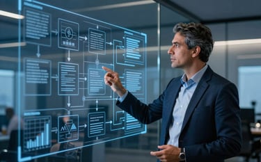A professional South American / Brazilian consultant standing by a glass wall with etched digital diagrams, explaining workflow optimization. The lighting is premium and sophisticated with deep blue tones, reflecting a high-end B2B environment and authority.
