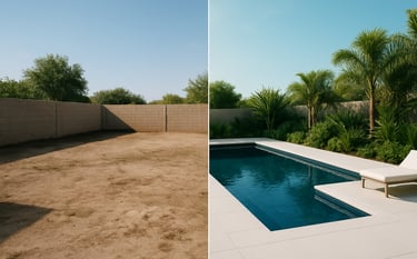 A split-view composition showing a before-and-after renovation. On one side, an empty backyard; on the other, a 3D rendered luxury pool oasis with ice white decking, dark navy pool lining, and lush greenery under a clear soft aqua sky.