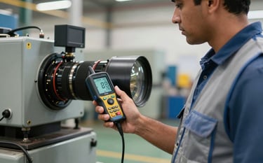 A technical safety professional in a South American / Brazilian industrial site using a digital noise decibel meter near machinery. The professional wears a Silver Blue safety vest. The lighting is crisp and clear, highlighting a serious and professional atmosphere.