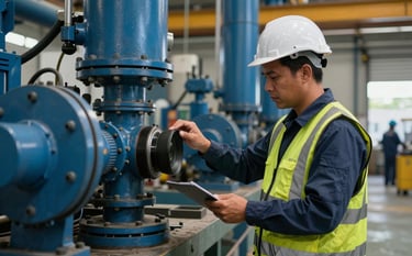A safety inspector performing a detailed technical audit of industrial equipment in a South American / Brazilian manufacturing plant. The scene features Steel Blue and Dark Slate Blue tones, conveying expertise and legal compliance.