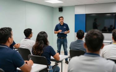 A professional instructor leading a safety training session for workers in a South American / Brazilian corporate classroom setting. The atmosphere is informative and accessible, with Pale Mist walls and modern Silver Blue accents.