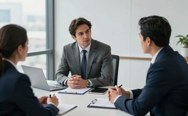 A high-level strategic meeting in a bright, modern North American / Mexican office. A consultant and a business owner are engaged in serious discussion. The setting is professional and authoritative, with light grey textures.