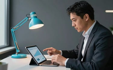 A focused professional in a modern North American / Mexican office analyzing digital growth metrics on a sleek tablet. The environment is minimalist with dark slate grey walls and a pop of bright cyan from a desk lamp. Soft, natural lighting from a window.