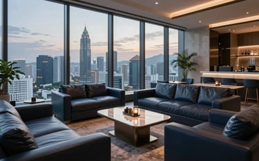 Wide photography of an exclusive VIP lounge in a modern skyscraper overlooking a Southeast Asian city at dusk. Plush leather furniture, sophisticated interior design with dark navy and gray-blue elements, creating a trustworthy and premium atmosphere.
