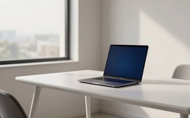 A minimalist, high-tech home office in a North American setting. Soft morning light enters through a large window, illuminating a sleek white desk with a slim laptop and an intelligent ambient blue light strip. The room has a professional and empowering atmosphere with a color palette of off white and deep blue.