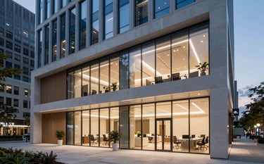 A bright, modern architectural office in a US city center at dusk. The interior is sophisticated with light gray and deep blue accents. Intelligent, warm lighting illuminates professional workspace areas, creating an atmosphere of innovation and growth.