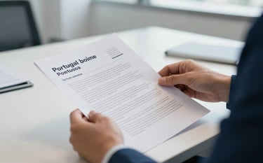 A close-up of a person's hands reviewing high-quality printed documents in a bright, modern Portuguese office. The composition is professional, with a focus on precision and detail. The color palette includes medium blue and off-white tones, reflecting trust and specialized support.