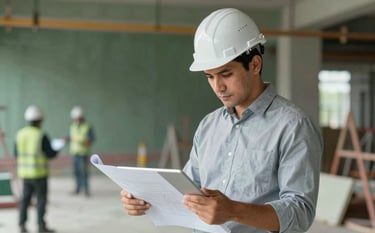 A focused project manager in a hard hat reviewing blueprints on a digital tablet at an active, organized construction site. The mood is professional and efficient. Tones of #212A3E, #5D6D7E, and #EBF1F6 dominate the composition.