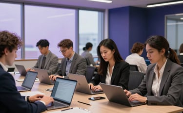 A high-end, modern learning environment in a North American corporate setting. Professionals are engaged in a collaborative workshop using sleek laptops and digital tablets. The room features large windows and soft purple and dark blue design accents, reflecting a sophisticated and innovative educational atmosphere.