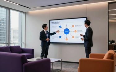 A sleek, minimalist executive office in a North American skyscraper. A consultant is presenting a roadmap to a business leader on a large screen. The composition is clean and professional, with ambient lighting and sophisticated purple and orange accents integrated into the furniture.