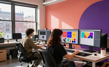 A vibrant, sunlight-filled creative studio in a North American urban loft. Designers are working on large monitors showing colorful branding and digital media projects. The interior design features bold coral and deep purple elements, emphasizing a forward-thinking and creative workspace.