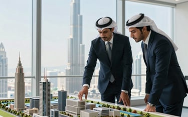 A high-angle photography of a professional business meeting in a minimalist high-rise office in Dubai. Two executives look at a architectural model near a floor-to-ceiling window overlooking the Burj Khalifa. Lighting is crisp and bright, with a color palette of dark navy and steel blue. Middle Eastern / Gulf setting.